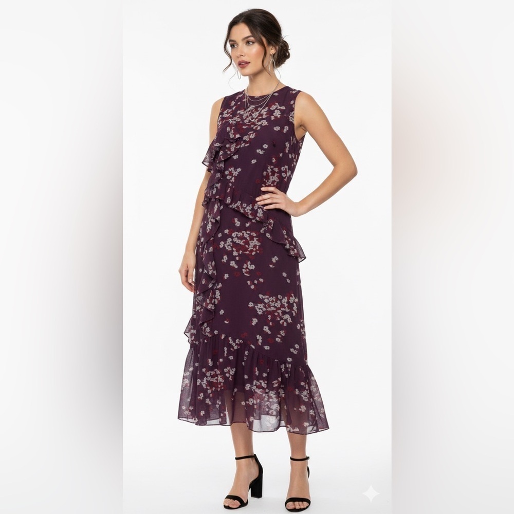 Lewit Ruffle Asymmetrical Drape Dark Floral One Cold Shoulder Dress Sz 14 Purple